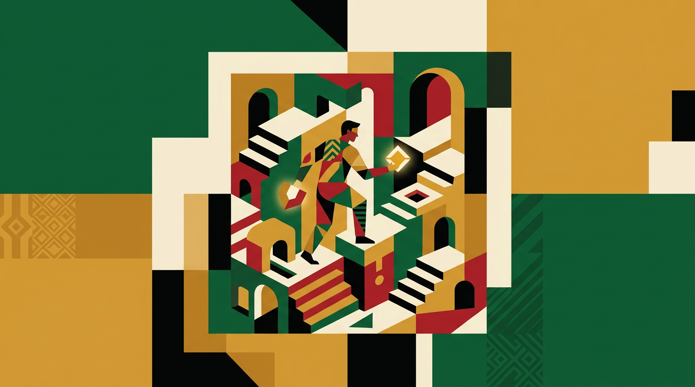 Editorial illustration of an adult in Ghana reviewing casino bonus terms on a mobile device