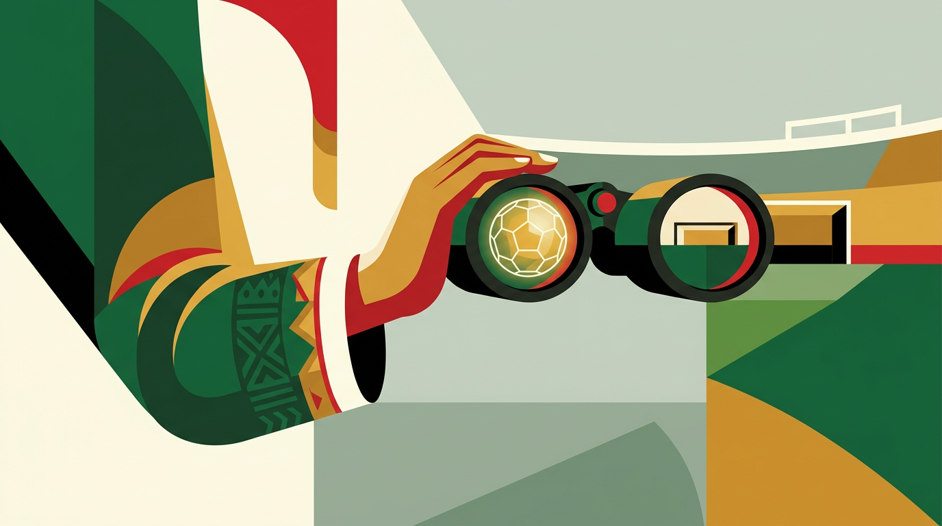 Editorial illustration for Football Predictions showing football fixtures analysis and lotto-style number elements for an adult Ghana information guide.