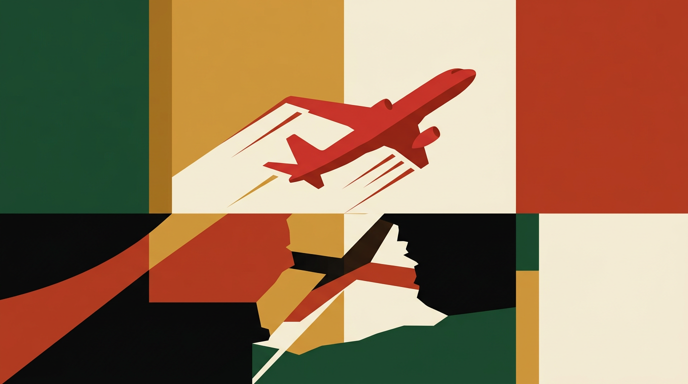 Editorial illustration of a crash-style aviator game theme on a smartphone with a rising plane graphic and Ghana-inspired background colors