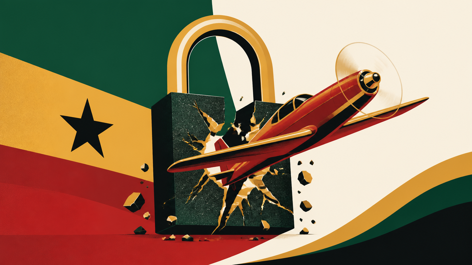 Editorial illustration for an Aviator Game guide in Ghana showing a device screen with flight-style graphics and a scam-risk warning symbol.