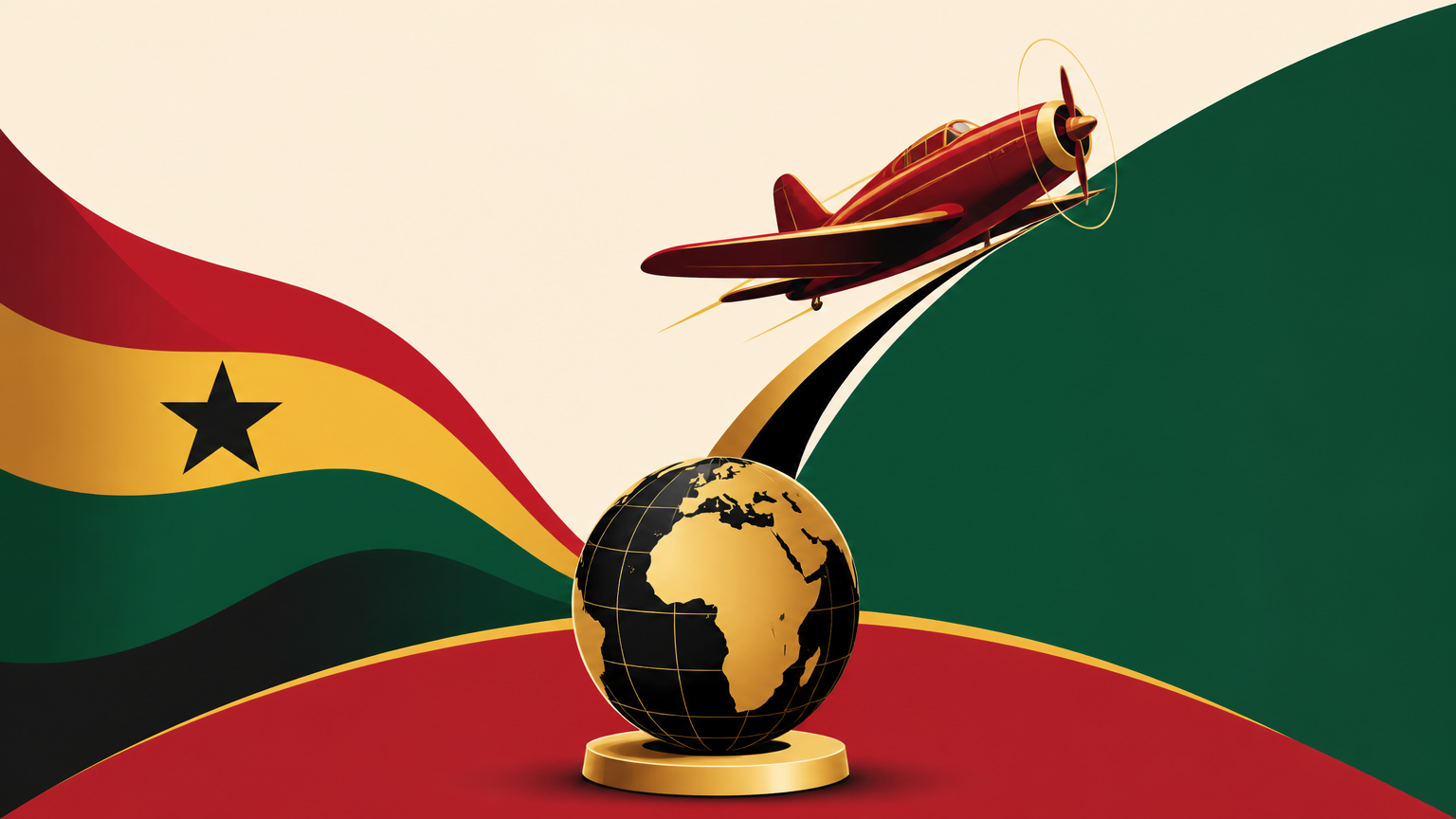 Editorial illustration of a crash-style Aviator game concept with risk and finance symbols for a Ghana guide