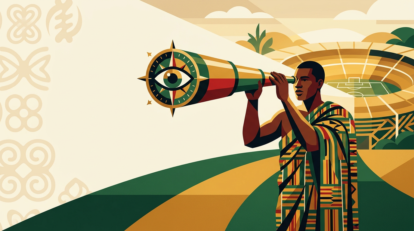 Editorial illustration of football match analysis tools for an adult betting tips guide in Ghana.