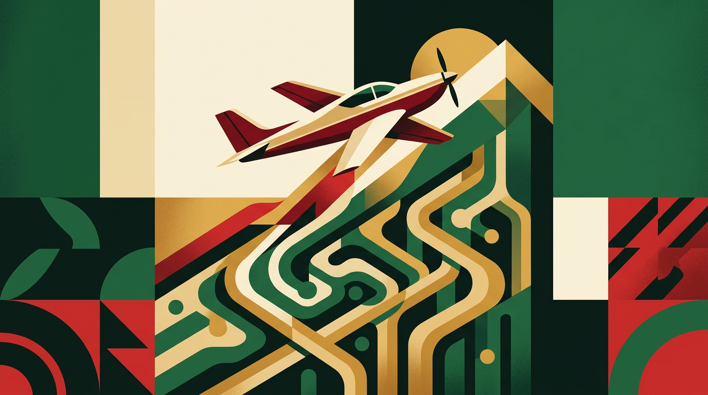Editorial illustration of a crash-game style Aviator guide with safety and scam-warning elements for adult readers in Ghana.