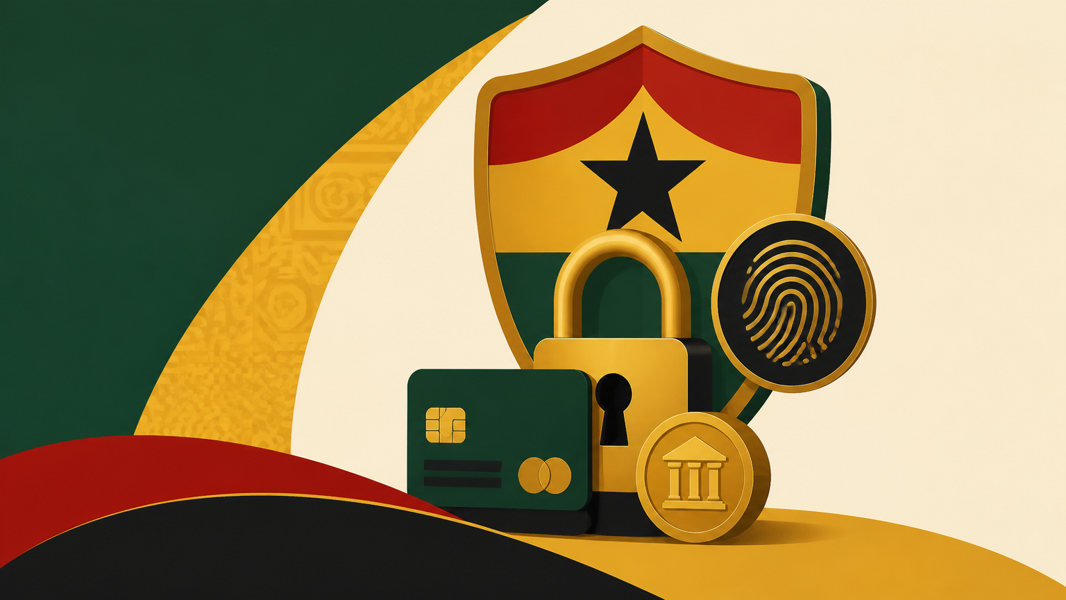 Editorial illustration for a Ghana-focused guide to casino deposits, payments and verification