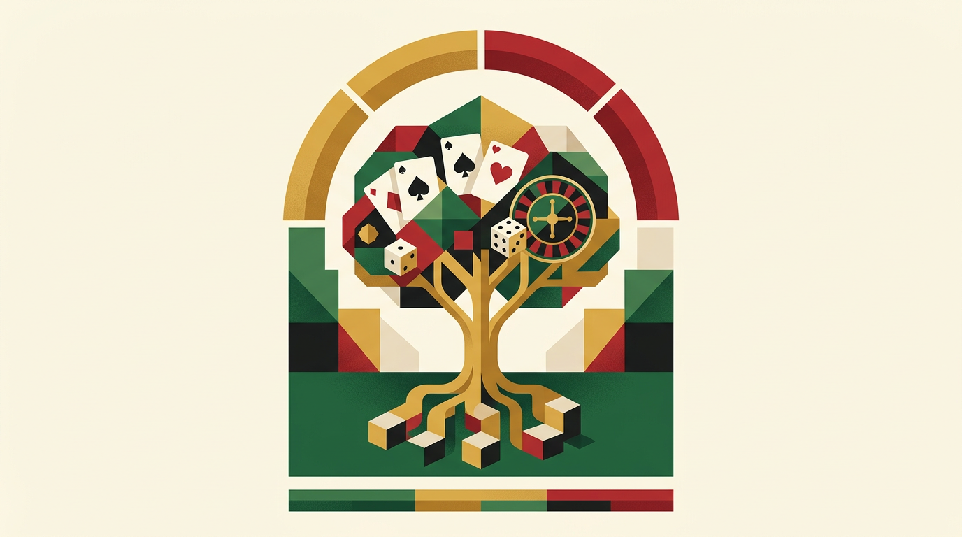 Editorial illustration of online casino games on mobile and laptop for an adult Ghana guide