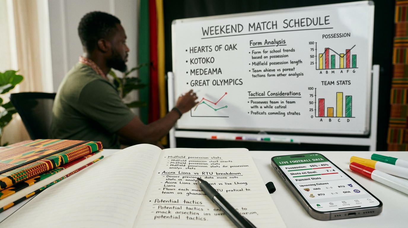 Editorial illustration of football prediction analysis tools for Ghana readers
