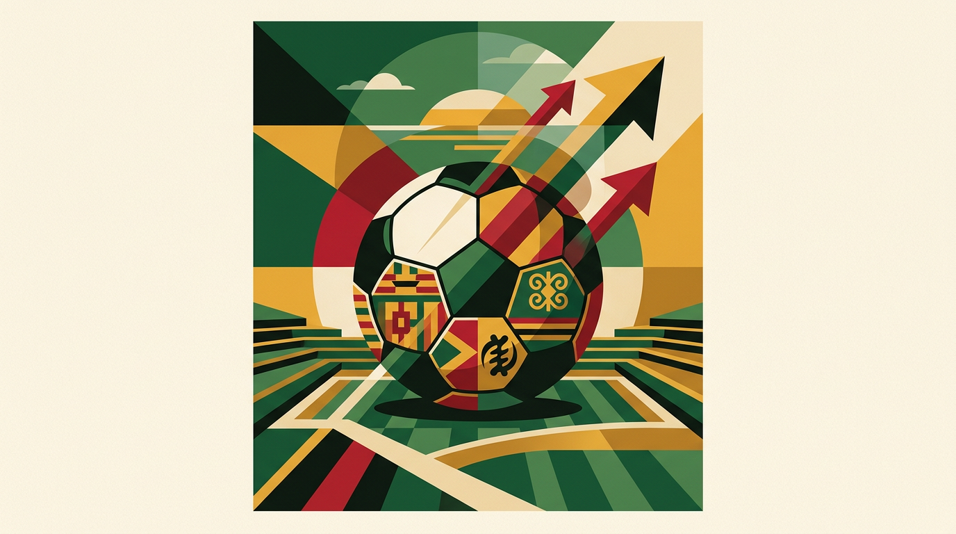 Editorial illustration of football prediction analysis with data charts and AI-style overlays for a Ghana-focused guide.