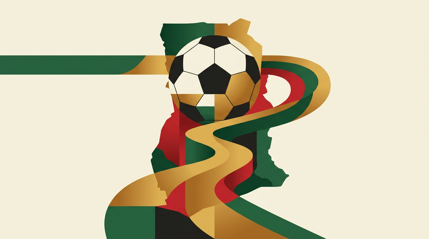 Editorial illustration for a Ghana football predictions guide showing stadium analysis and match research elements