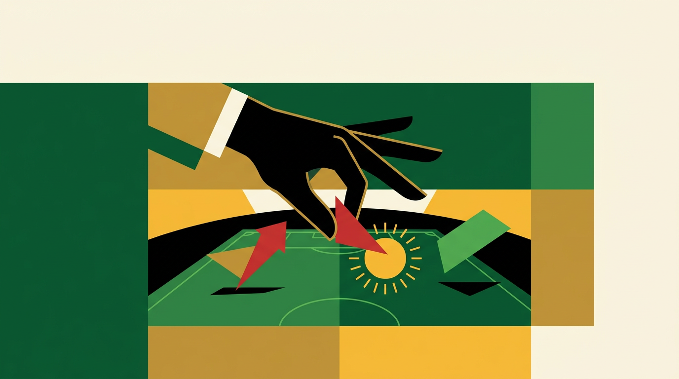 Editorial illustration of live in-play betting tips on a smartphone during a sports match for Ghana adult readers
