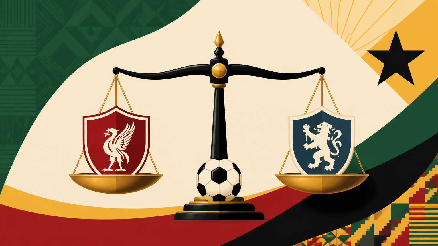 Editorial illustration of a football match preview with generic betting odds visuals for Liverpool vs Chelsea in Ghana