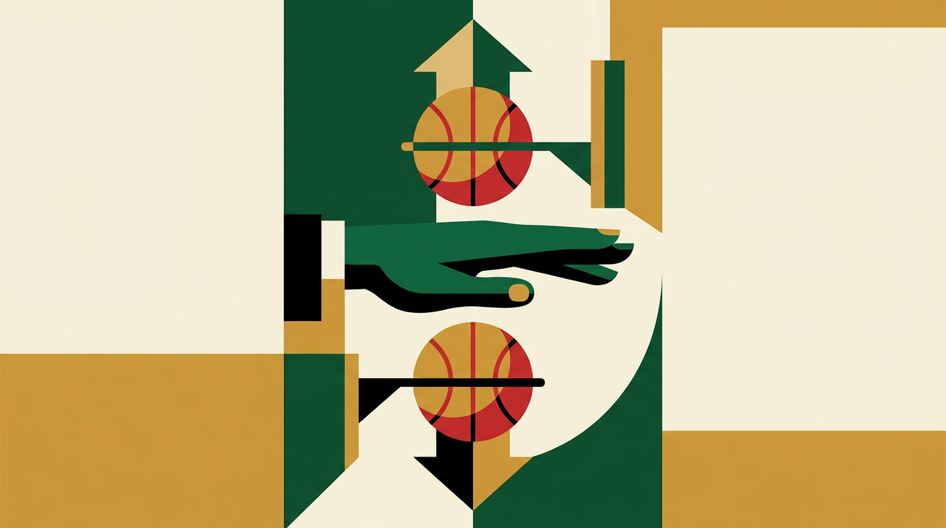 Editorial illustration of NBA over and under betting totals on a basketball scoreboard