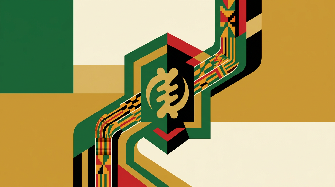Editorial illustration of an adult using a phone and laptop to review online casino information in Ghana.