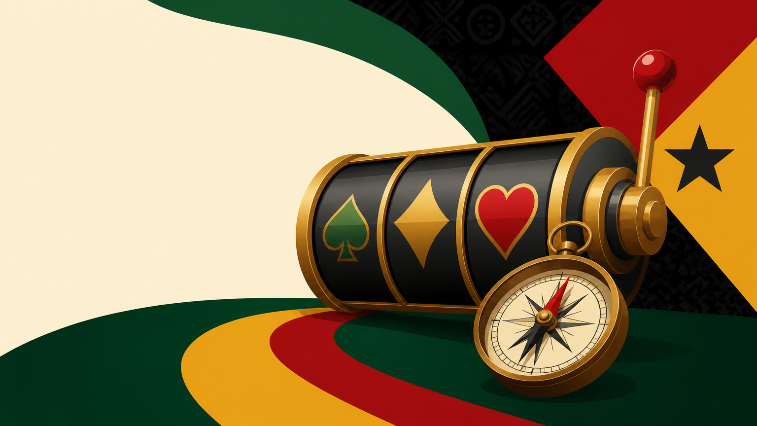 Editorial illustration of online slot games on a phone and laptop with Ghana-inspired colours
