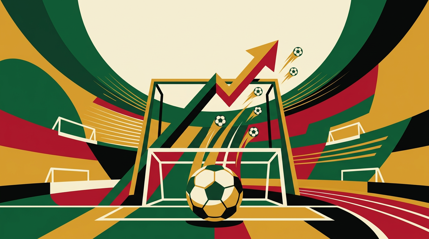 Editorial illustration for a Ghana football predictions guide showing football analytics and over-goals lines.