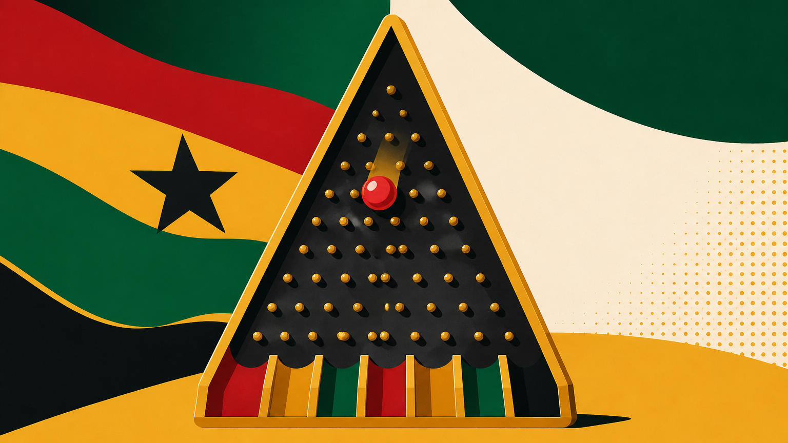 Illustration of a smartphone with a generic Plinko-style game interface for an adult guide in Ghana