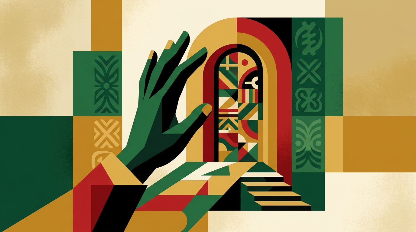 Editorial illustration for a Bet9ja Ghana review showing a smartphone login concept in a neutral informational style.