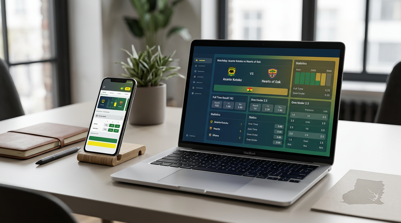 Editorial featured image for a Ghana-focused betPawa review guide with a smartphone and laptop in a neutral informational setting.