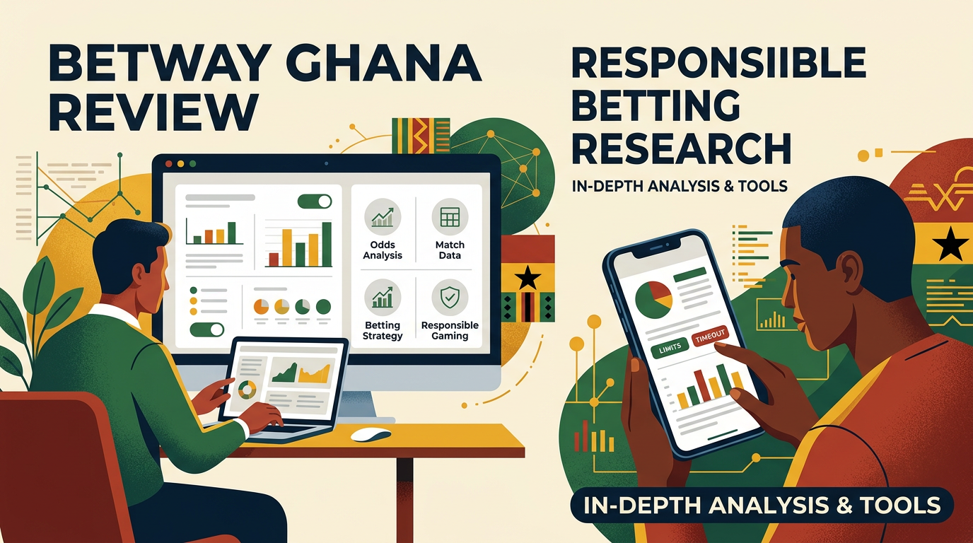 Editorial illustration for a Betway Ghana review guide with a neutral mobile and desktop betting research theme