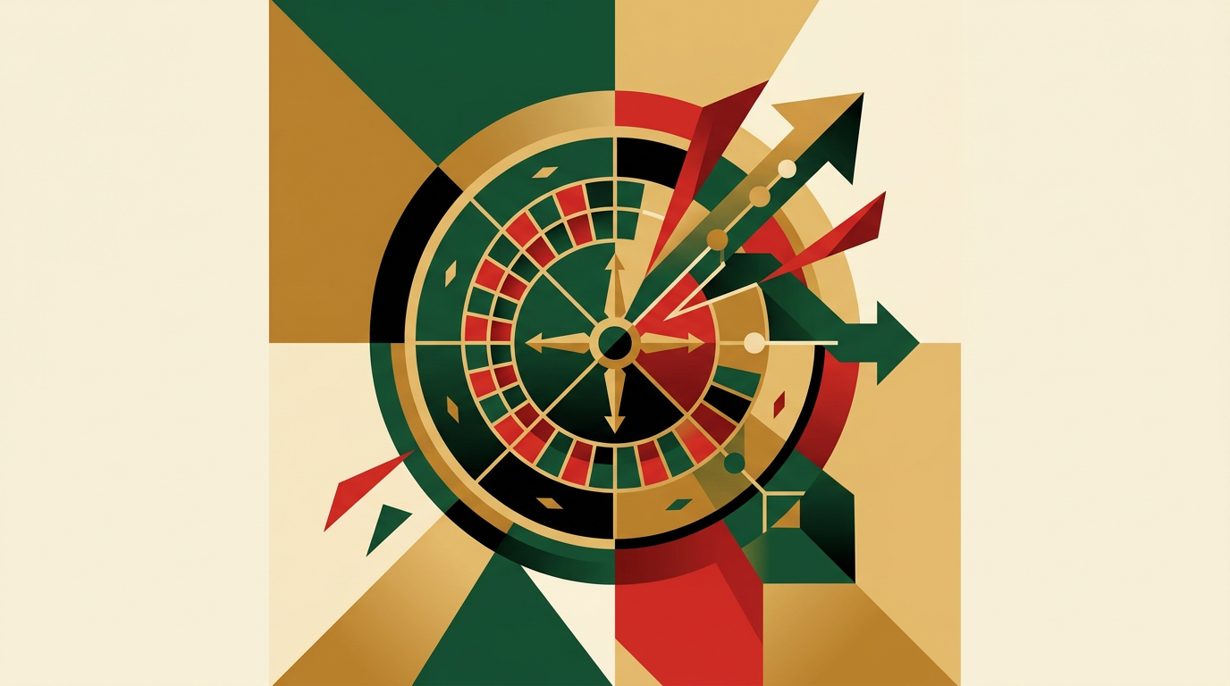 Roulette wheel beside a laptop in a caution-focused editorial image for an online roulette guide