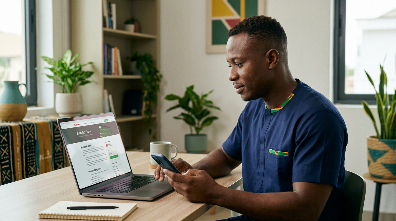 Adult user in Ghana comparing a sports betting site on a phone and laptop for a SportyBet Ghana review