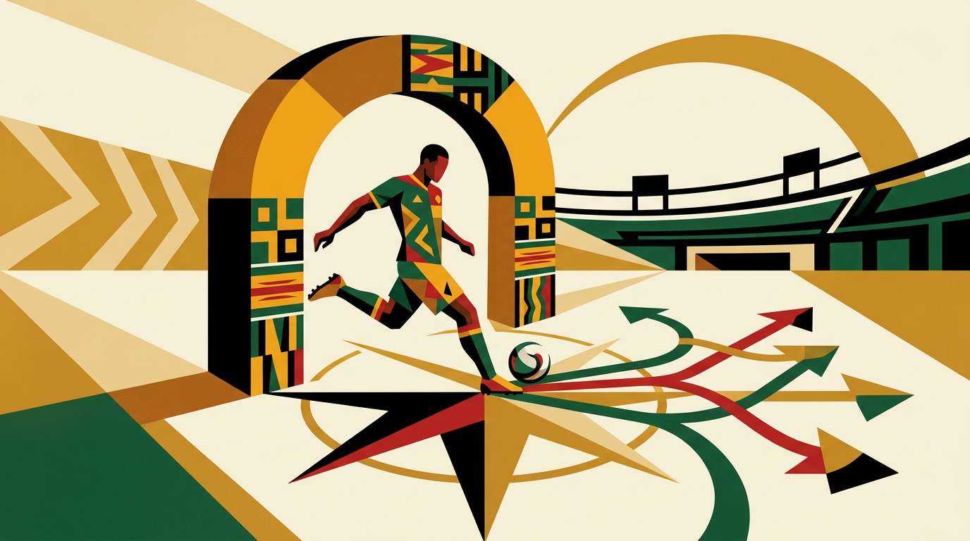 Editorial illustration for a Ghana guide to Sunday football predictions showing football analysis tools and match notes.