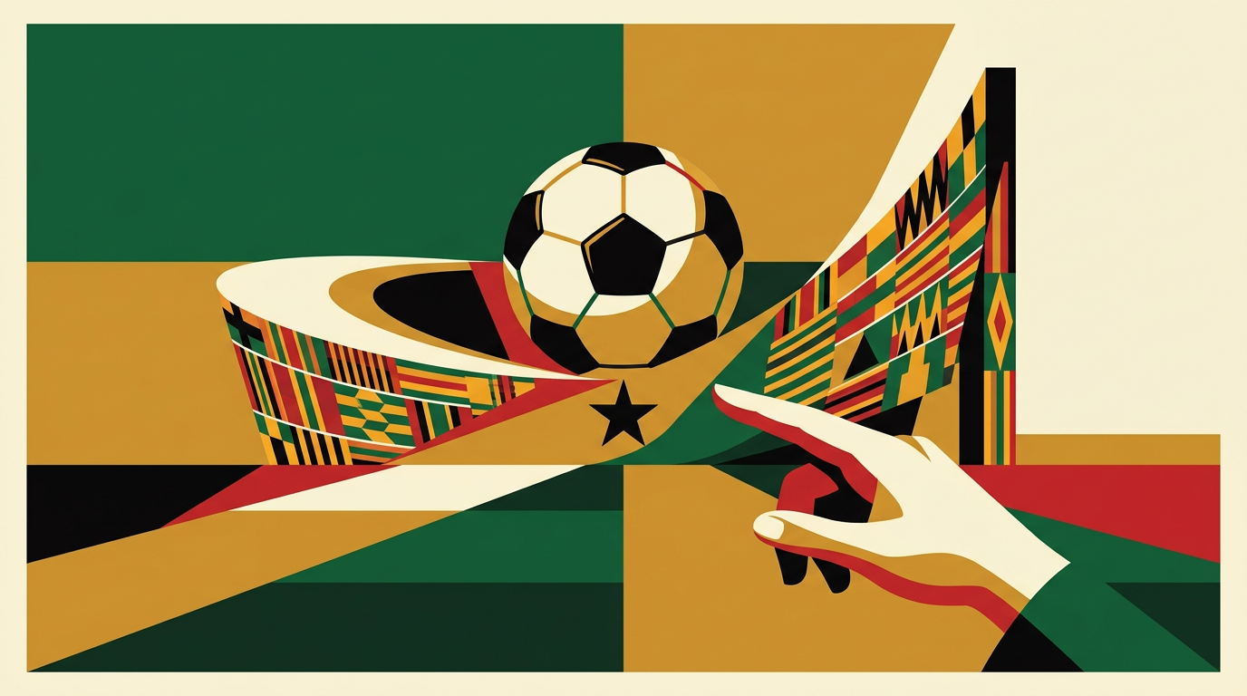 Editorial illustration of football prediction analysis tools for adults in Ghana