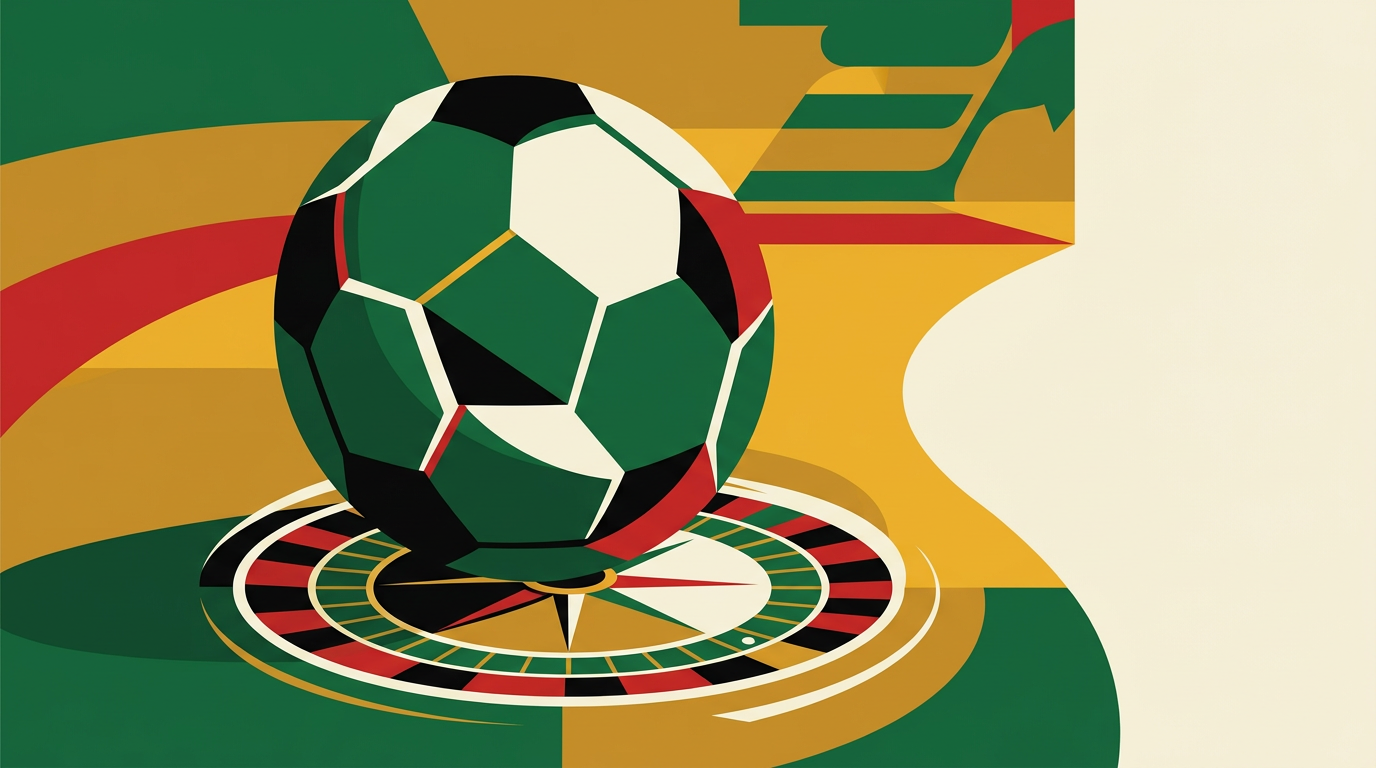 Editorial illustration for an adult Ghana guide to football betting with football stadium and betting analysis visuals