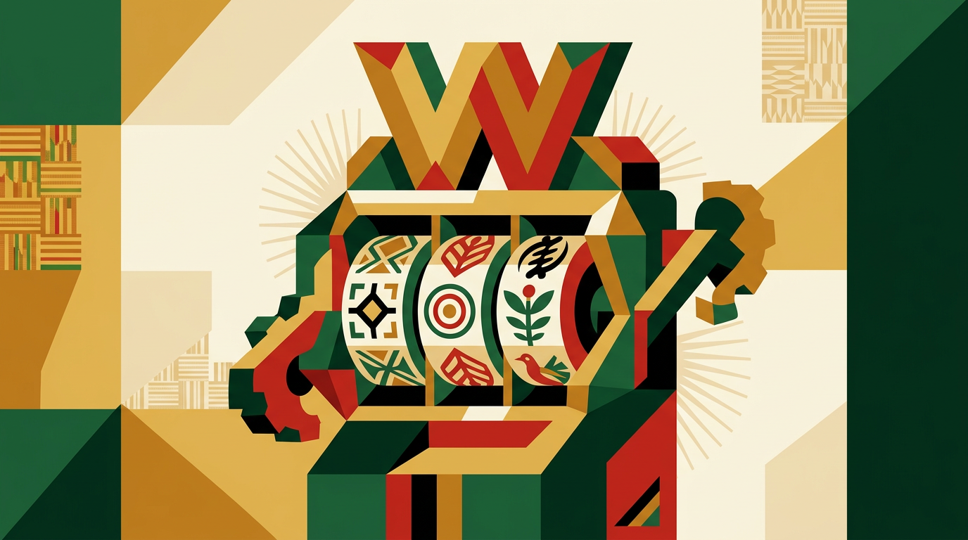 Smartphone displaying generic online slot reels in an editorial illustration for a Ghana online slots guide