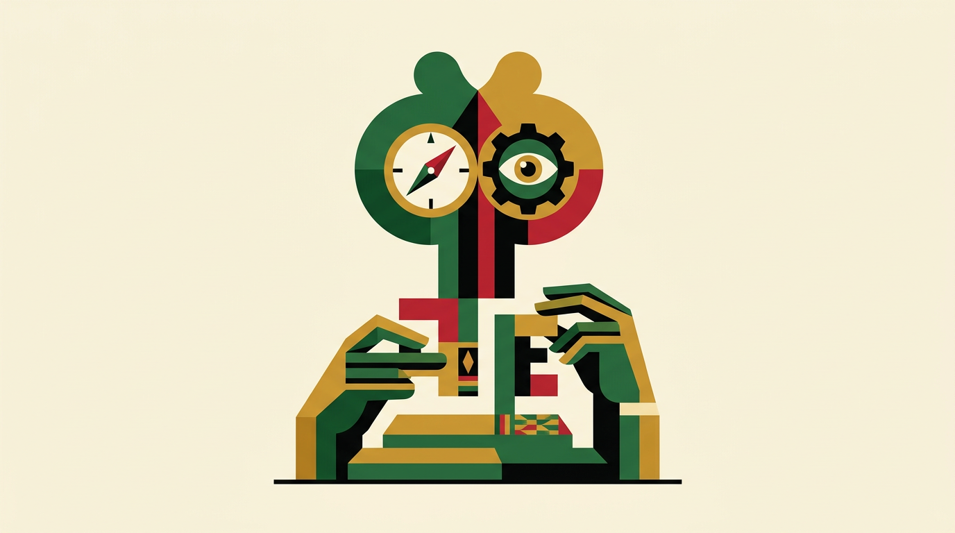 Editorial illustration for a Ghana guide to betting tips, showing football match analysis tools and responsible decision-making.